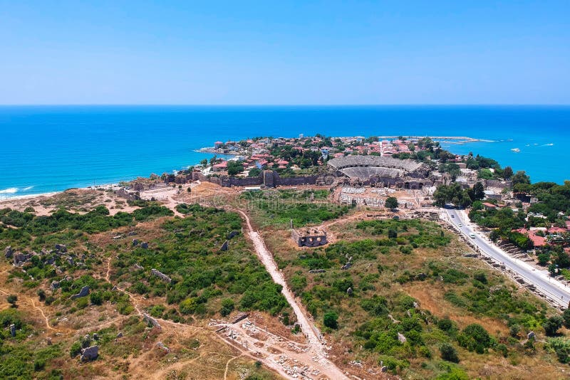 Aerial view of ancient ruins of Side town royalty free stock photos Aerial view of ancient ruins of Side town royalty free stock photos