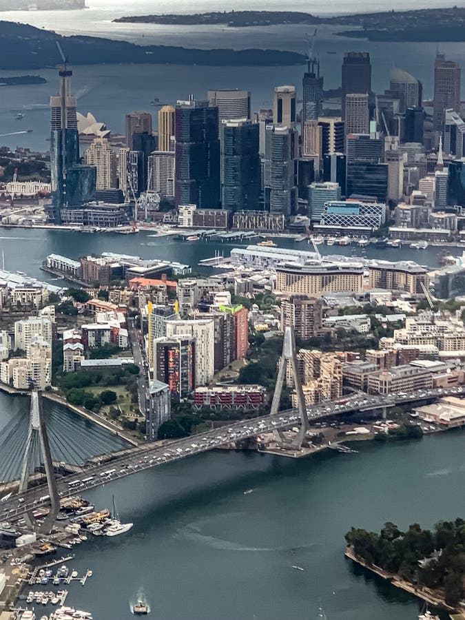 Aerial view; Anzac cable stayed bridge Sydney Australia