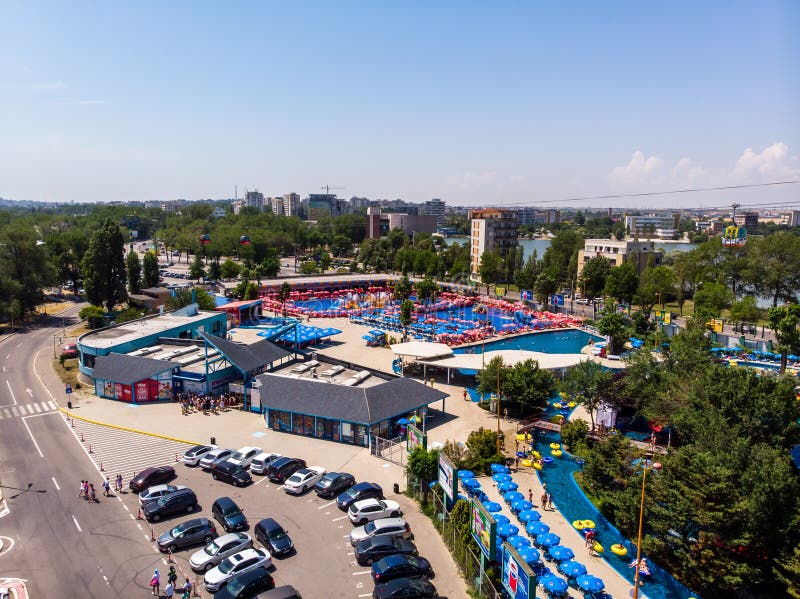 Mamaia, Constanta, Romania - june 17 2019: Aerial view of Aqua magic water park in a popular romanian resort Mamaia