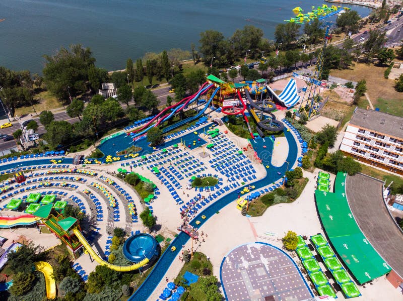 Mamaia, Constanta, Romania - june 17 2019: Aerial view of Aqua magic water park in a popular romanian resort Mamaia