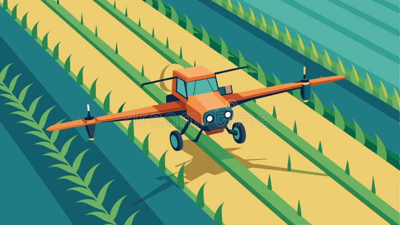 An aerial view of an autonomous herbicide sprayer in action moving through a large crop field with precision and royalty free illustration