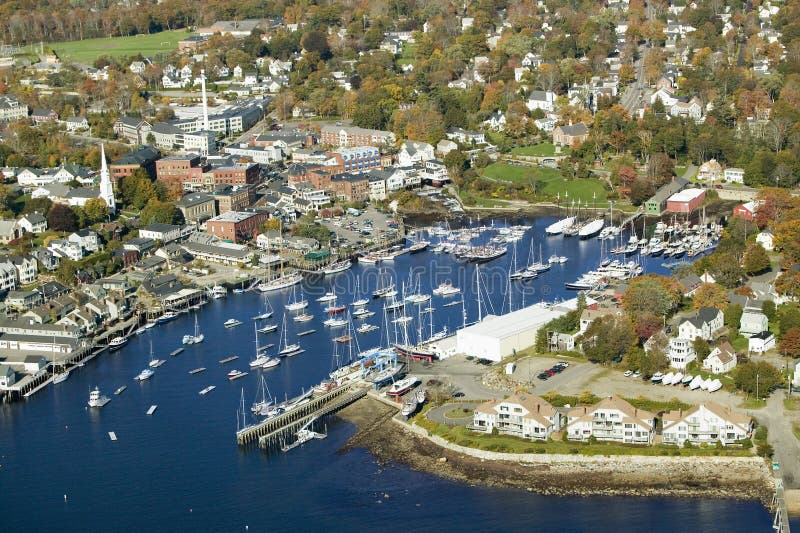 Aerial view of Bar Harbor in autumn, Maine stock photos