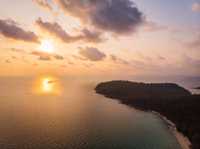 Aerial View Of Beautiful Beach And Sea With Coconut Palm Tree At Stock