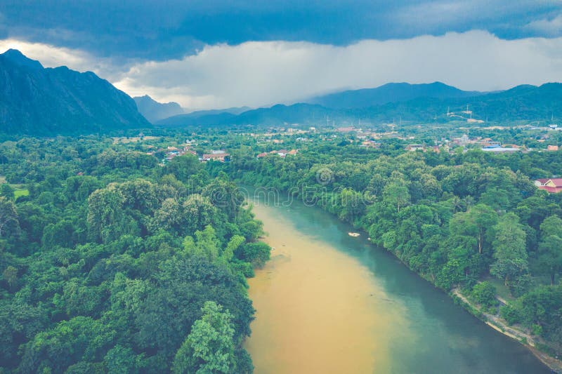 Aerial view of beautiful landscapes at Vang Vieng , Laos. Southeast Asia. Photo made by drone from above. Bird eye view royalty free stock photos Aerial view of beautiful landscapes at Vang Vieng , Laos. Southeast Asia. Photo made by drone from above. Bird eye view royalty free stock photos
