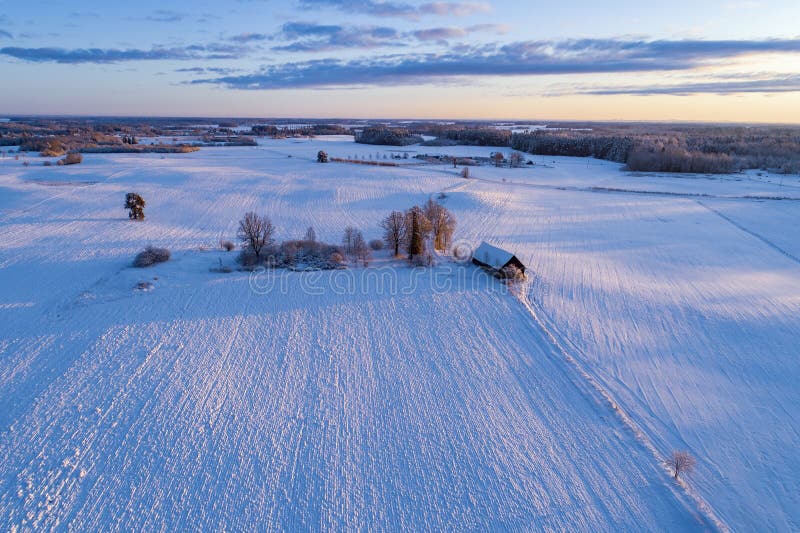 Colourful Winter Sunrise Over Forest And Open Field Stock Photo Image