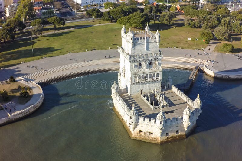 Aerial view of Belem tower - Torre de Belem in Lisbon - Portugal