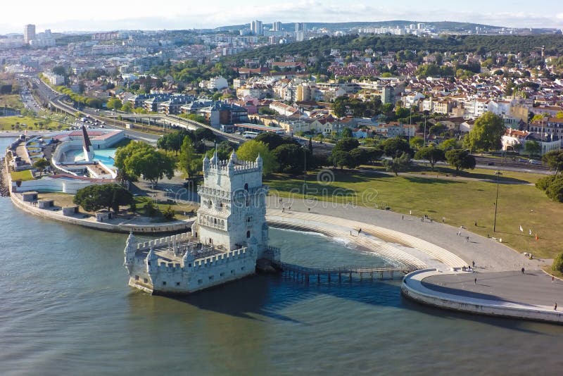 Aerial view of Belem tower - Torre de Belem in Lisbon, Portugal