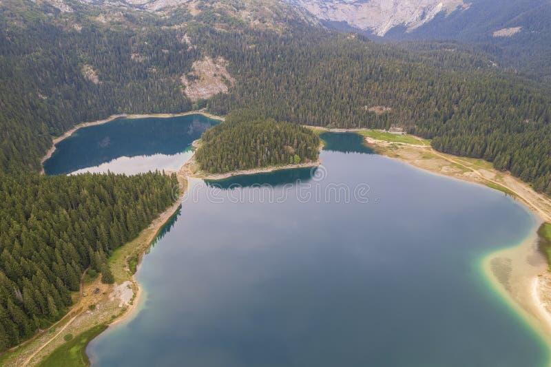 Aerial view of the Black Lake or Crno jezero , Montenegro, Zabljak, Europe