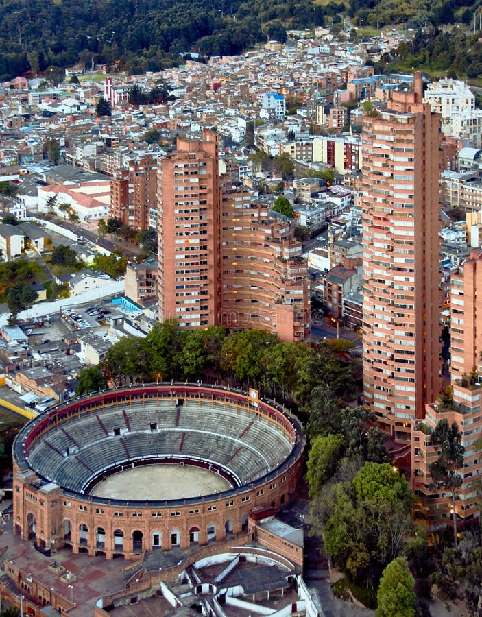 Plaza de Toros Santamaria of the city of Bogota Colombia and the surrounding buildings and neighborhoods. Plaza de Toros Santamaria of the city of Bogota Colombia and the surrounding buildings and neighborhoods