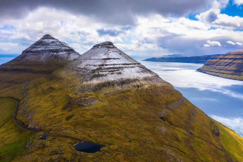 Aerial view of the Bordoyarnes mountain near Klaksvik on Faroe Islands stock photography Aerial view of the Bordoyarnes mountain near Klaksvik on Faroe Islands stock photography