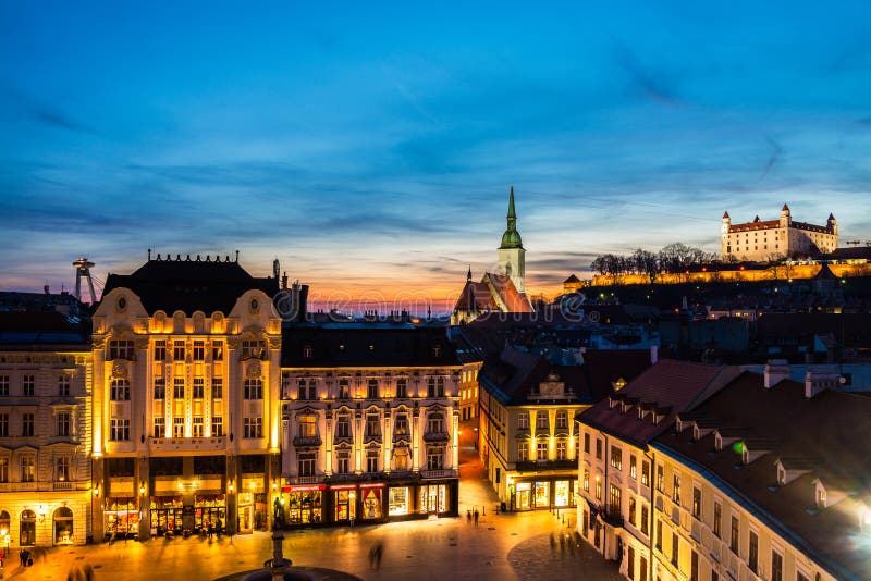 Aerial view of Bratislava, Slovakia at night