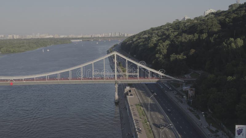 Aerial view of the bridge over the river stock video