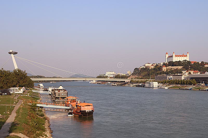Aerial view of Bridge SNP and UFO observation deck left, river Danube and Bratislava castle right, Bratislava, Slovakia royalty free stock photos Aerial view of Bridge SNP and UFO observation deck left, river Danube and Bratislava castle right, Bratislava, Slovakia royalty free stock photos