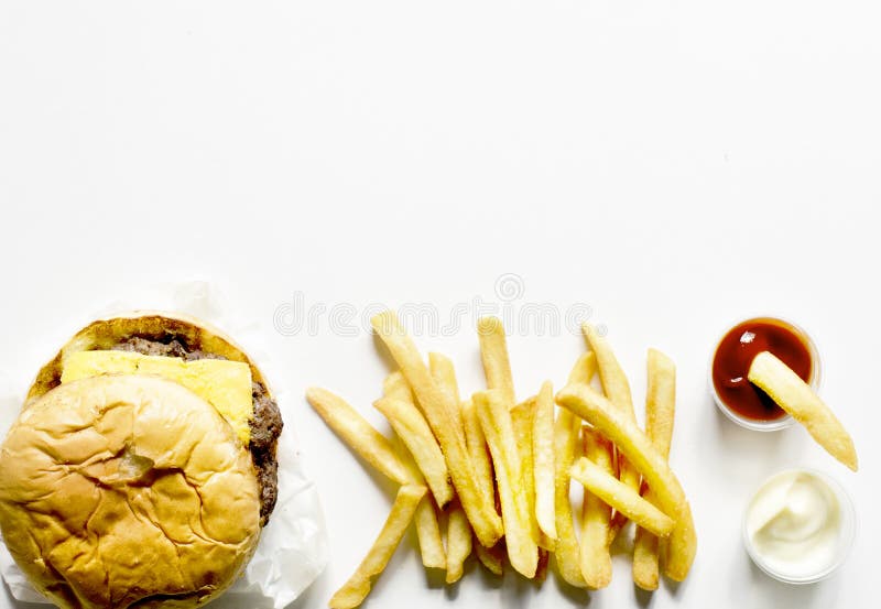 Aerial View Of Burger And Fries Fast Food Stock Image Image Of Cheese