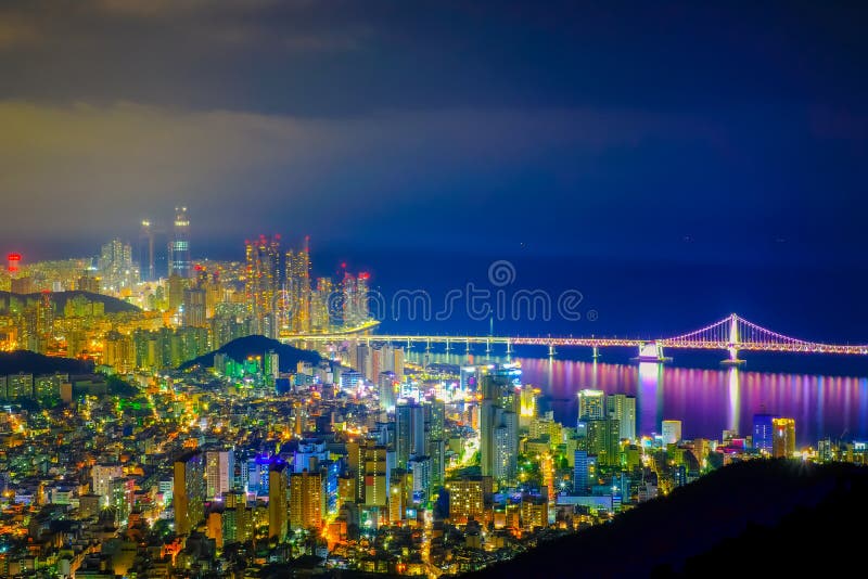 Aerial view of Busan city with Gwangan bridge at nighttime, Sout royalty free stock photo Aerial view of Busan city with Gwangan bridge at nighttime, Sout royalty free stock photo
