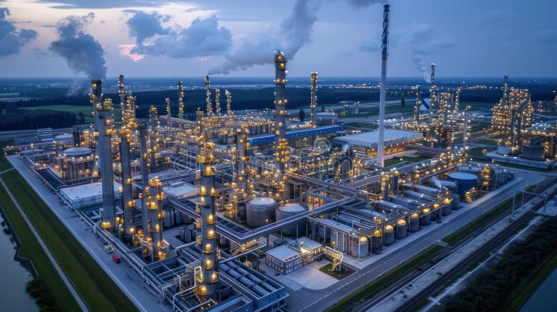 Aerial View of Petroleum Refinery Plant Complex at Twilight hour and cloudy sky royalty free illustration