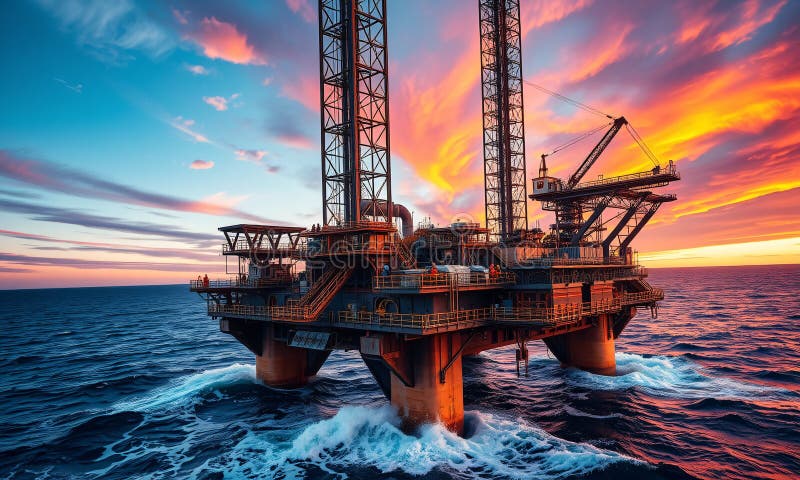 Aerial view of a bustling offshore oil rig in the midst of the ocean at sunset royalty free illustration