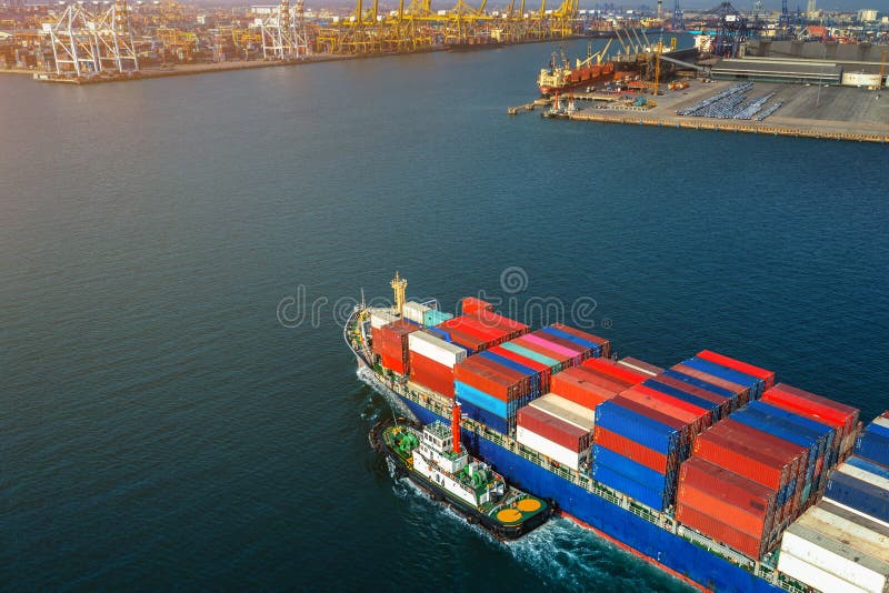Aerial View of Cargo Ship and Cargo Container in Harbor Stock Image