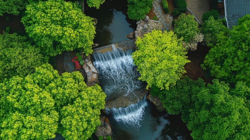 Elevated drone perspective showing a man made waterfall gently cascading down multiple levels amidst vibrant green foliage and a tranquil pond, creating a peaceful garden landscape. Man made waterfall stock images, royalty-free photos and pictures