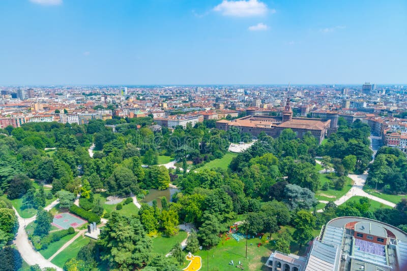 Aerial View of Castello Sforzesco from Torre Branca in Milano, Italy ...