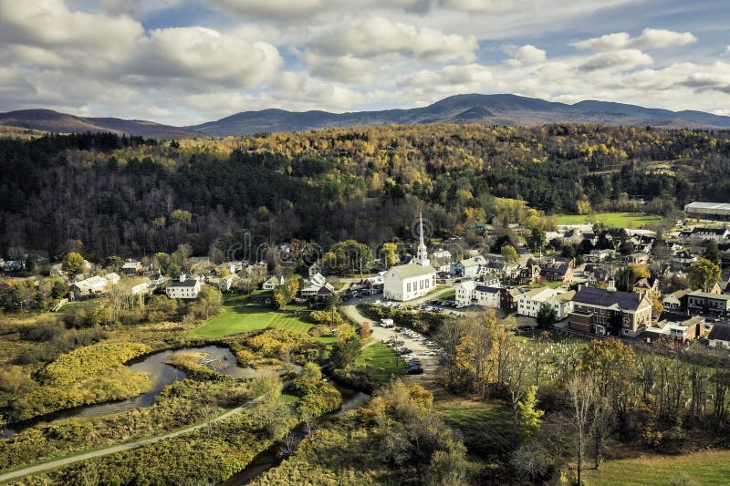 Aerial view of charming small town Stowe in Vermont royalty free stock photos