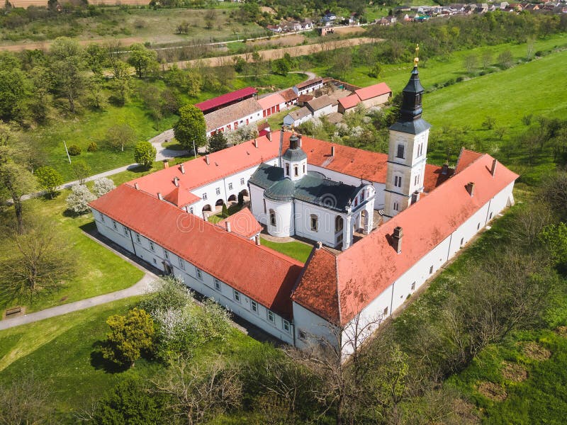 Aerial view of Church and monastery Krusedol , Serbia