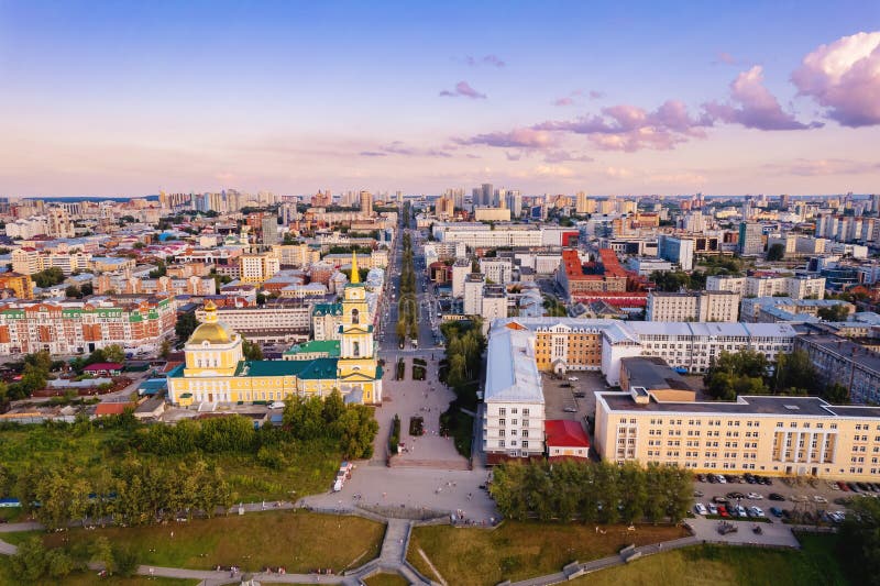 Aerial view City Perm Russia, historical building with sunset, drone photo