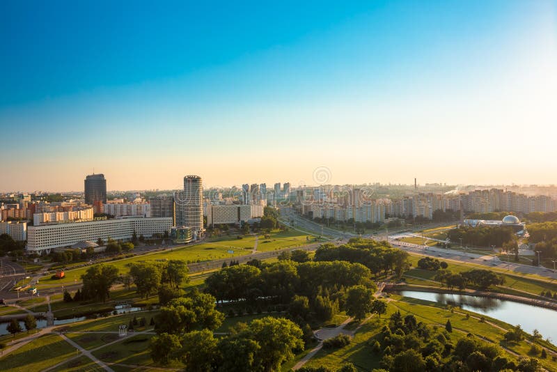 Aerial view, cityscape of Minsk, Belarus. Sunset