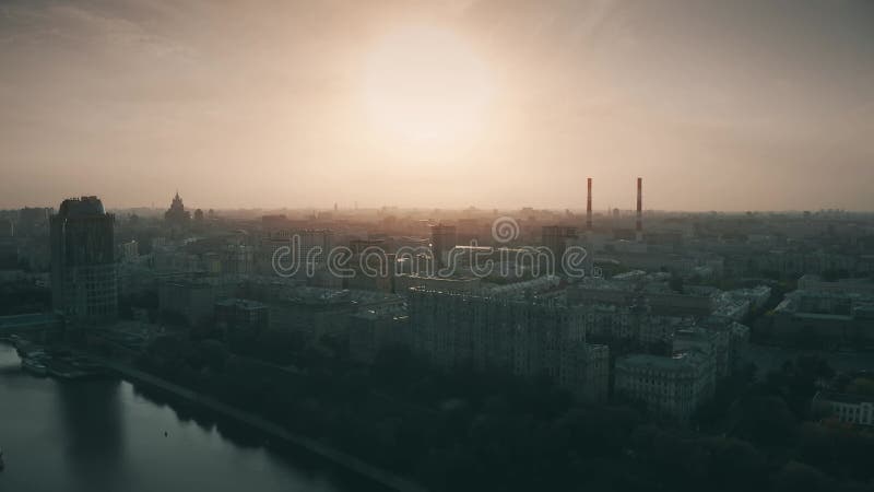 Aerial view of the cityscape of Moscow as seen from Dorogomilovo district early in the morning, Russia
