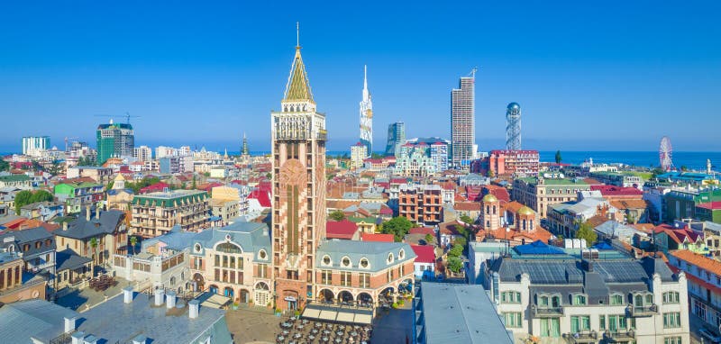 Aerial view of clock tower and Batumi Piazza, Georgia