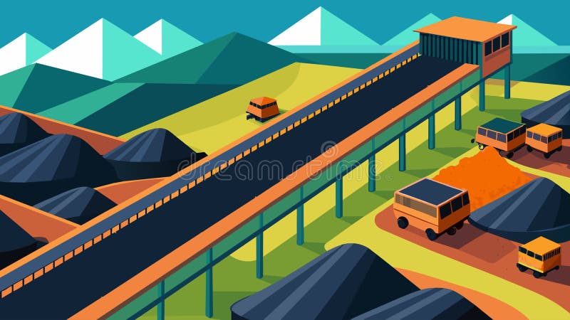 An aerial view of a coal yard filled with rows and rows of open hoppers each being filled with coal by a conveyor belt vector illustration