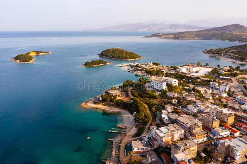 Aerial View of Coastal Area of Albanian City of Ksamil on Mediterranean ...