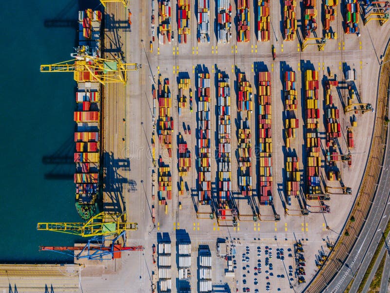 Aerial view of the commercial port of Valencia. Container terminal and ship during loading. royalty free stock photos Aerial view of the commercial port of Valencia. Container terminal and ship during loading. royalty free stock photos