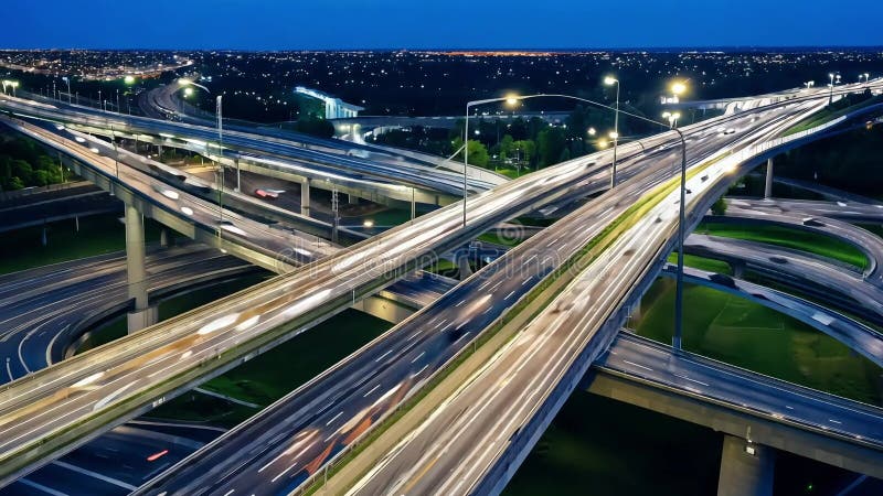 Aerial view of a complex highway interchange at dusk vector illustration