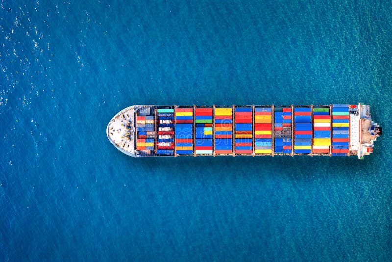 Aerial view of container cargo ship in sea. stock photo