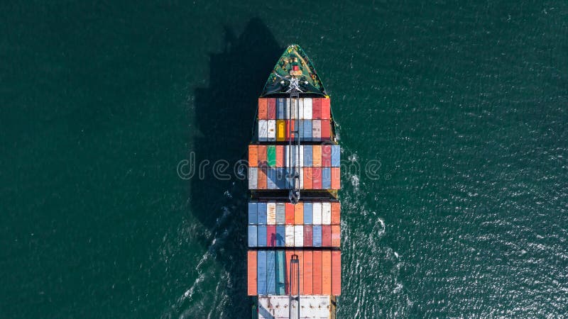 Aerial view container ship carrying container box global business cargo freight shipping commercial trade logistic and