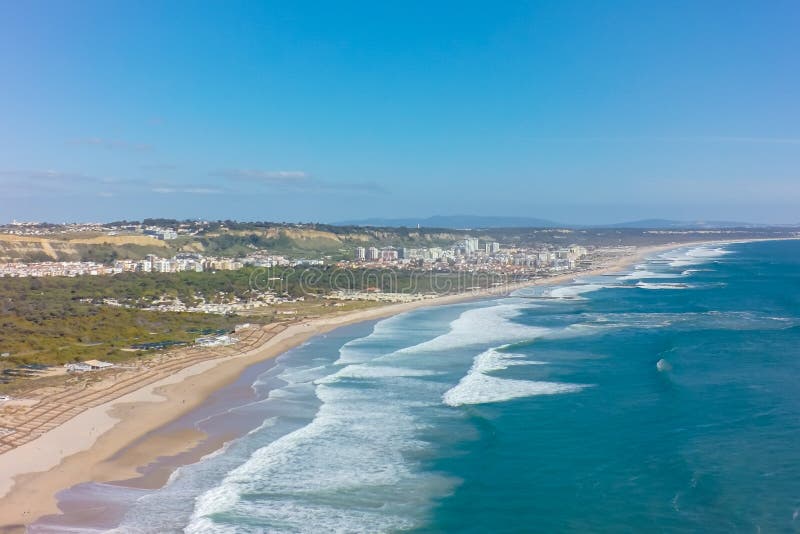 Aerial view of costa caparica coast beach in Lisbon, Portugal
