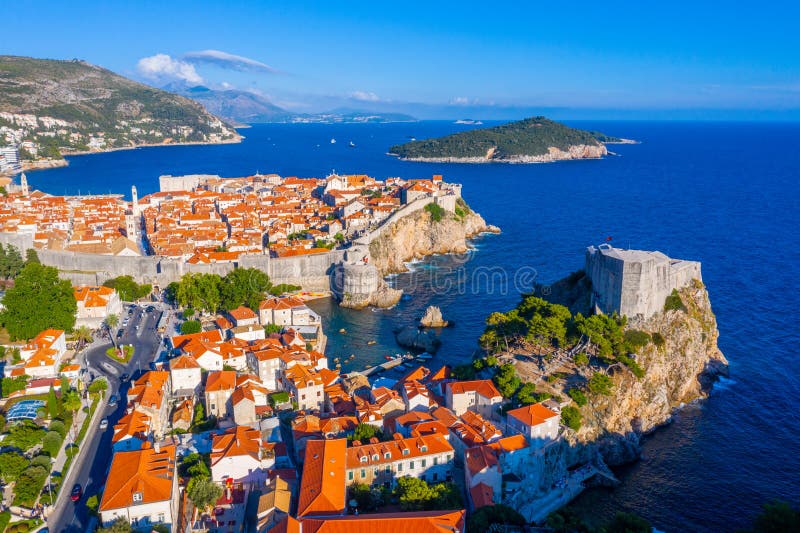 Aerial view of Croatian town Dubrovnik and Lovrijenac fortress