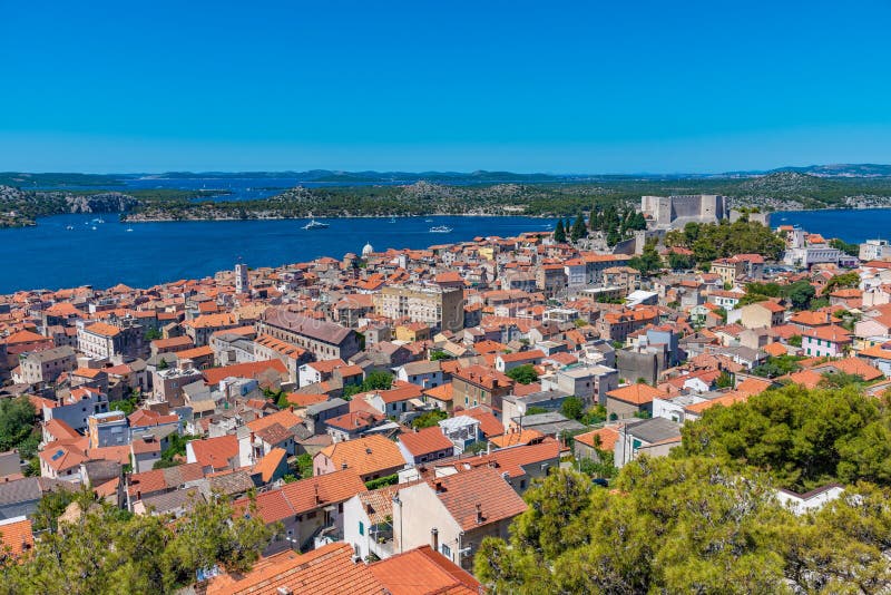Aerial view of Croatian town Sibenik with Saint michael&x27;s fortress, Saint John&x27;s Fortress and Sveti Ante channel