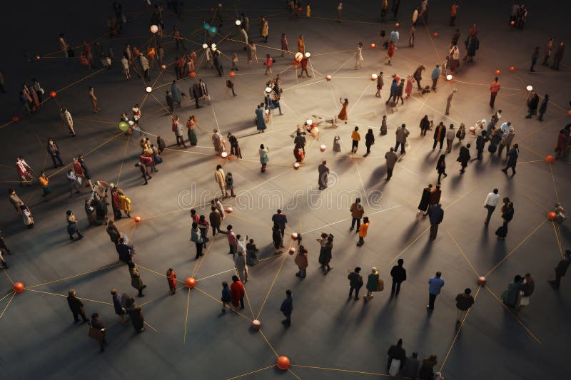 Aerial View of Crowd Communicating in Network of Connection stock illustration