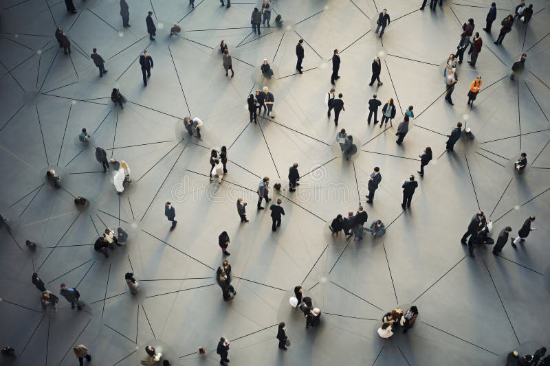 Aerial View of Crowd Communicating in Network of Connection stock illustration