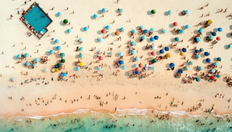 Aerial View of a Crowded Beach with Sunbathers and Swimmers :Bird S Eye ...