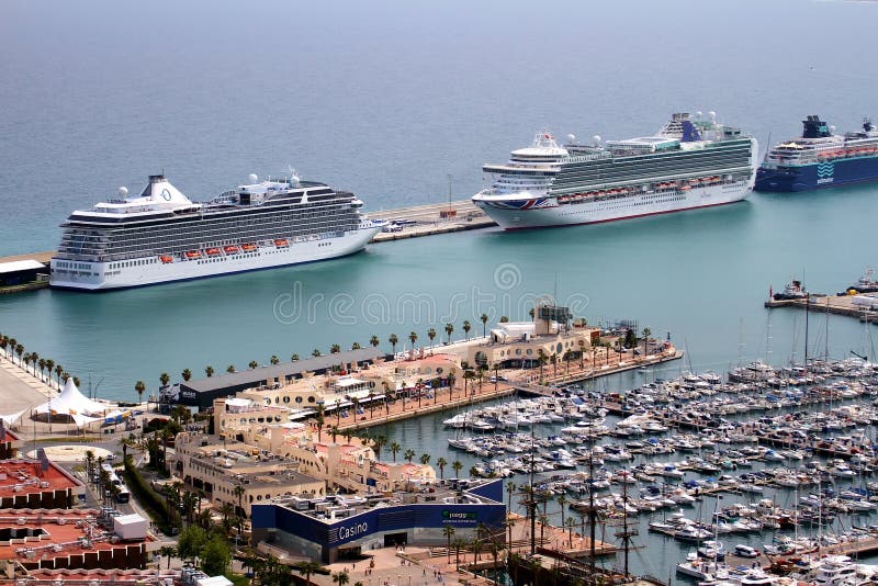 Aerial view of cruises docked in the port of Alicante.