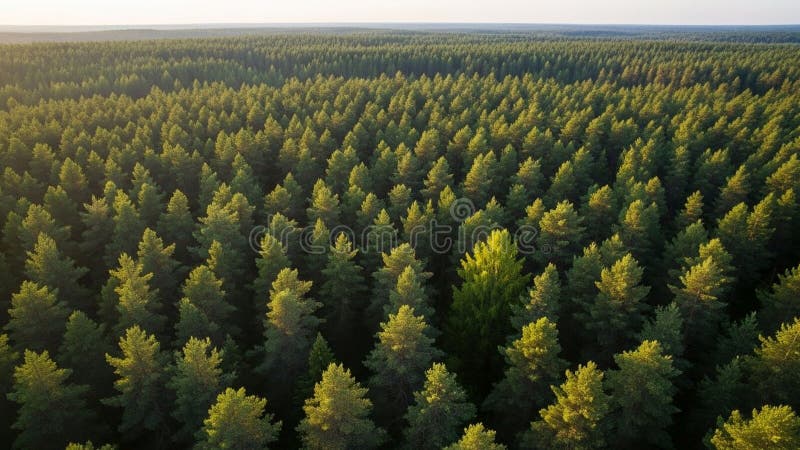 Aerial view of a dense coniferous forest with uniform rows of evergreen tree royalty free illustration