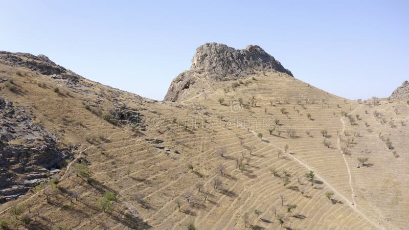Aerial view of the desolate scorched surface of the sacred mountain of Osh Sulaiman-Too. View of the amazing mountains. Beautiful nature of Kyrgyzstan