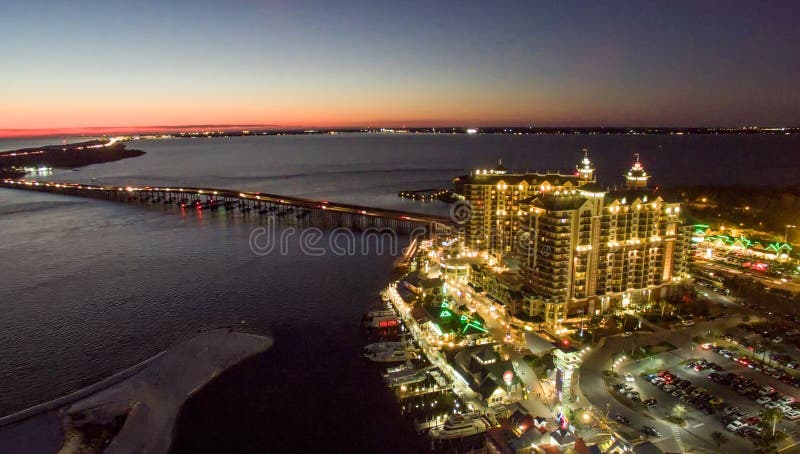 Aerial view of Destin skyline at night, Florida