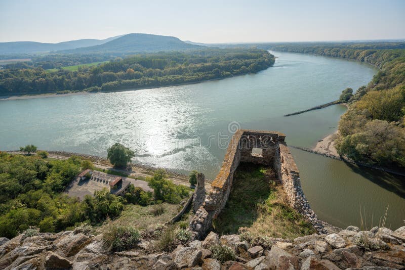 Aerial view of Devin Castle ruins with Morava and Danube Rivers - Bratislava, Slovakia