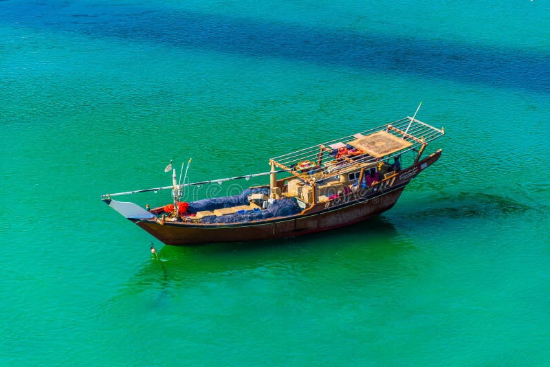 Aerial view of a dhow ship in Oman stock image