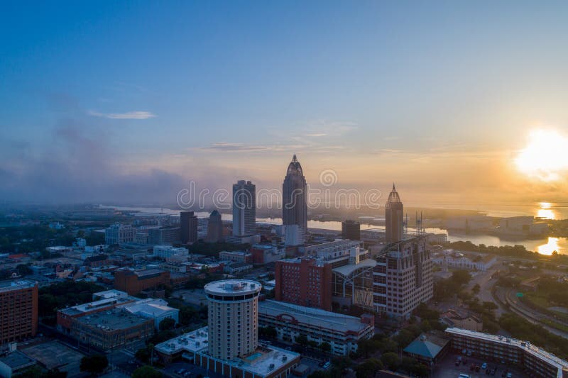 Aerial View of Downtown Mobile, Alabama Waterfront at Sunrise Stock