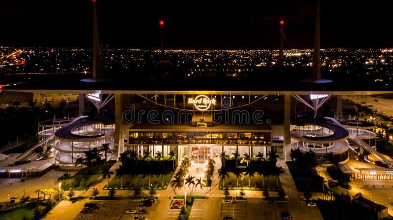 Aerial view, drone photography of Hard Rock Stadium located in Miami Gardens. Home stadium of the Miami Dolphins at Night. NFL2019 royalty free stock photo